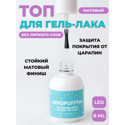 Aeropuffing, матовое верхнее покрытие без липкого слоя No Cleanse Matte LED Gel Top Coat, 8 мл.