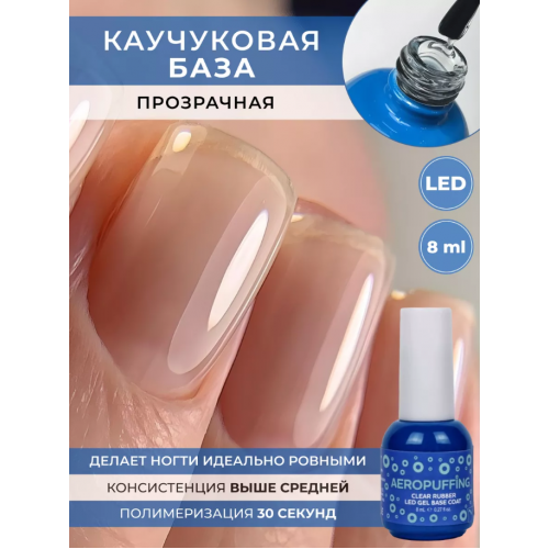 Aeropuffing, база каучуковая прозрачная Clear Rubber LED Gel Base Coat, 8 мл.